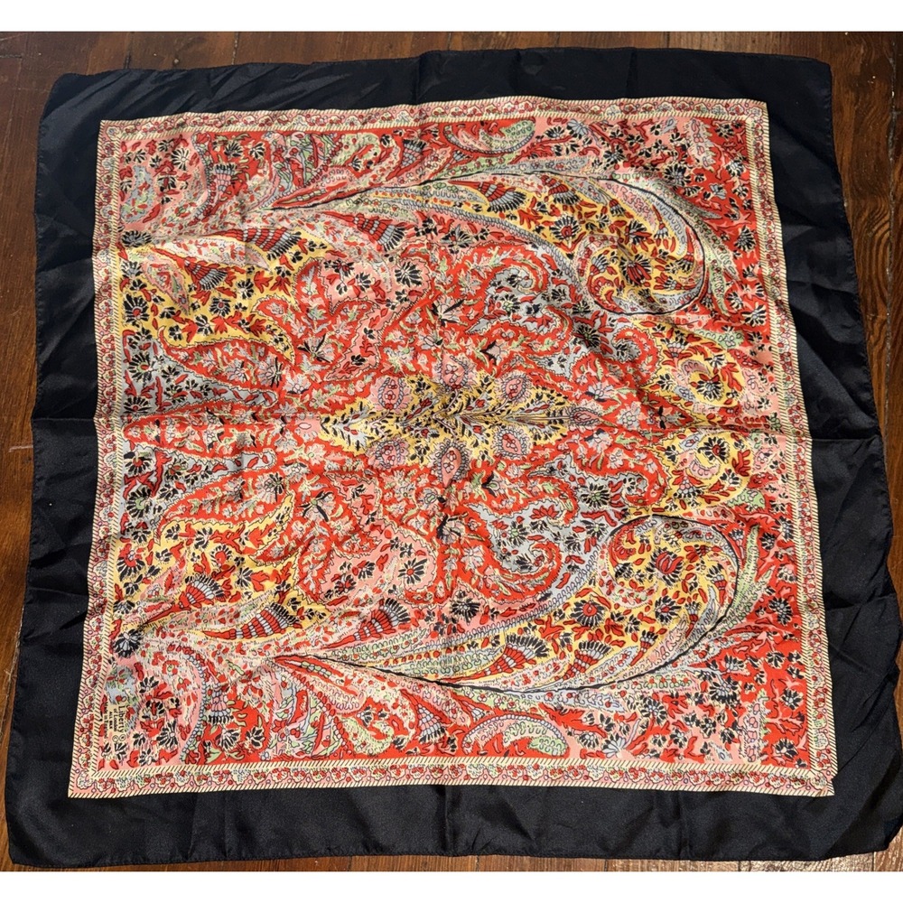 Vintage LIBERTY OF LONDON Black Border Floral All Silk Pocket Square Scarf